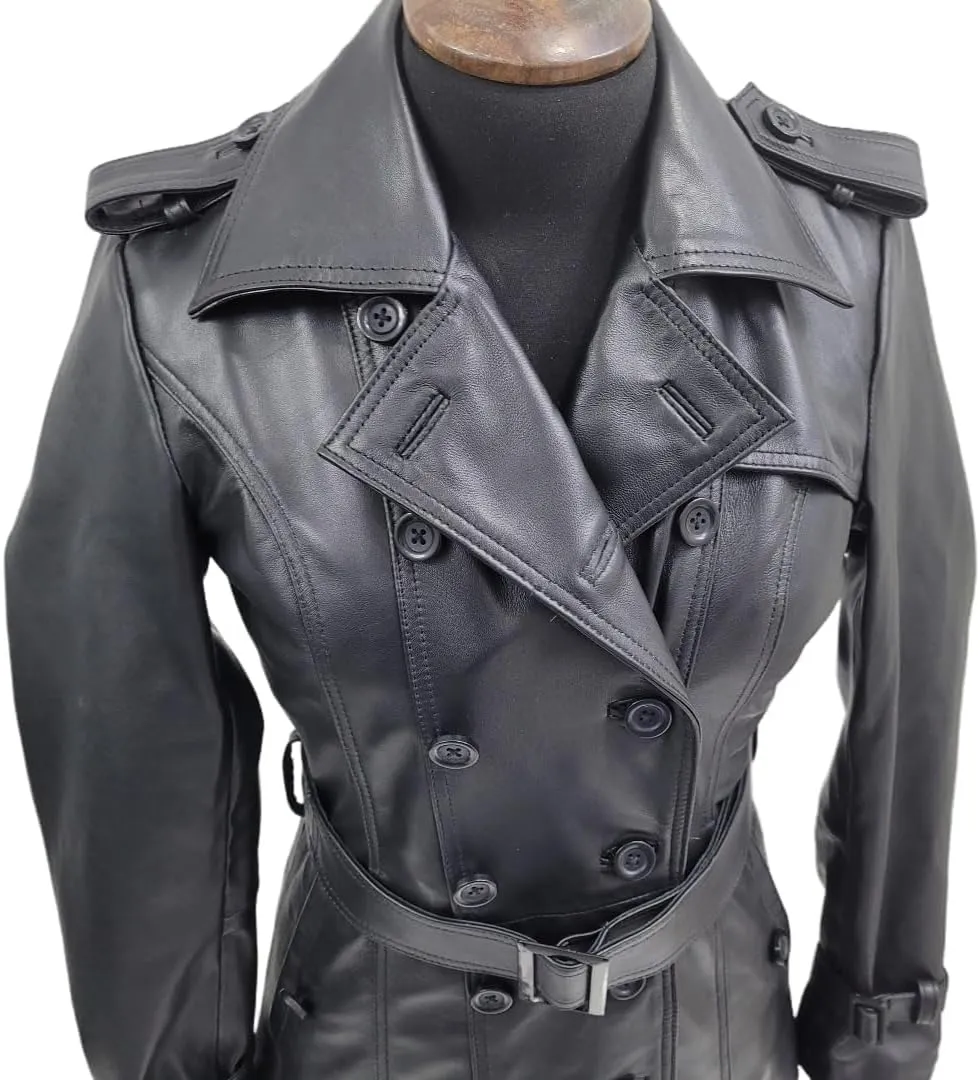 Women Designer Black Trench Leather Long Coat with Belt Trench Coat Slim Fit Style for Ladies