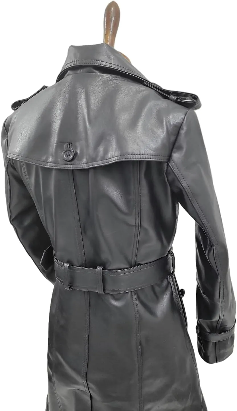 Women Designer Black Trench Leather Long Coat with Belt Trench Coat Slim Fit Style for Ladies