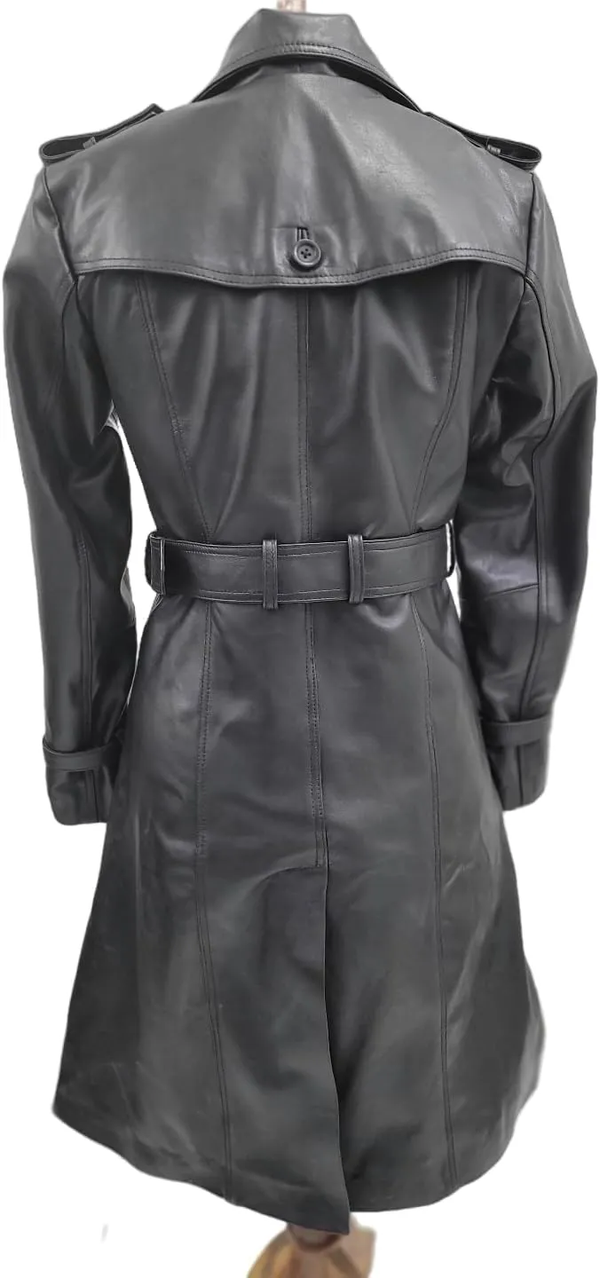 Women Designer Black Trench Leather Long Coat with Belt Trench Coat Slim Fit Style for Ladies