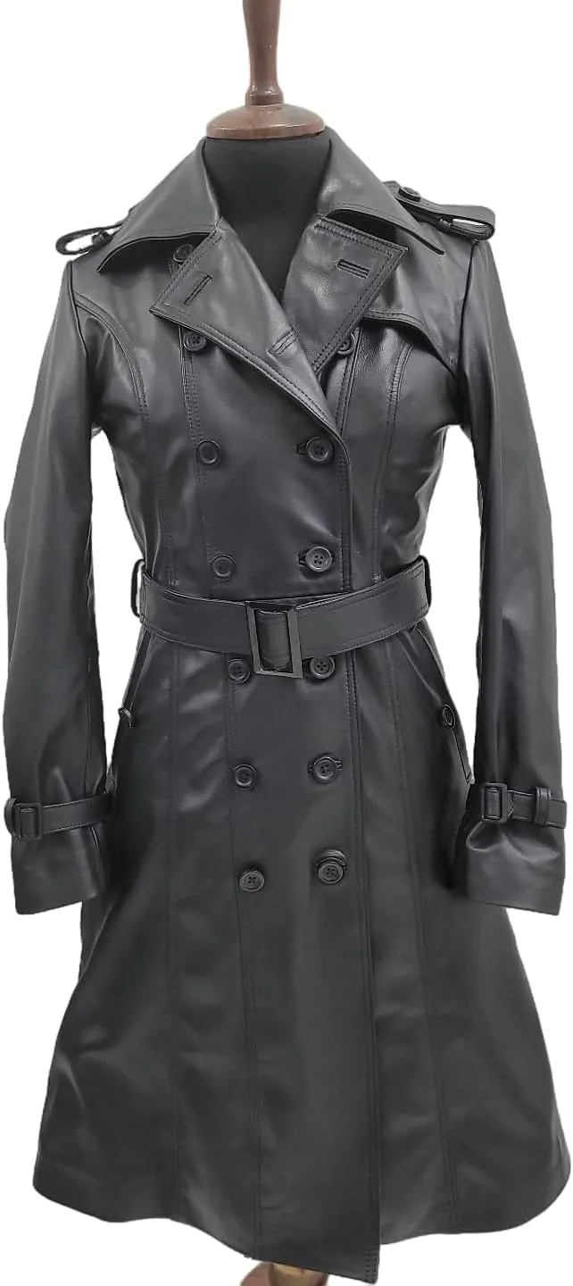 Women Designer Black Trench Leather Long Coat with Belt Trench Coat Slim Fit Style for Ladies