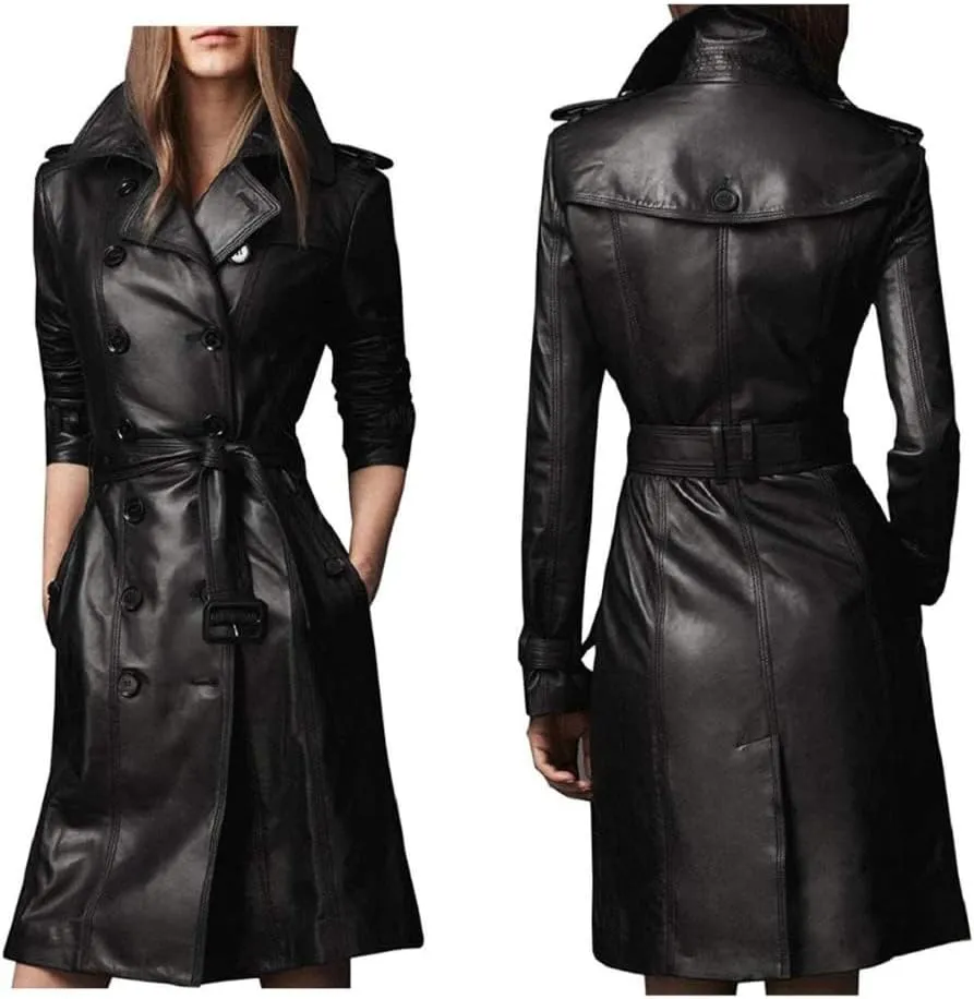 Women Designer Black Trench Leather Long Coat with Belt Trench Coat Slim Fit Style for Ladies