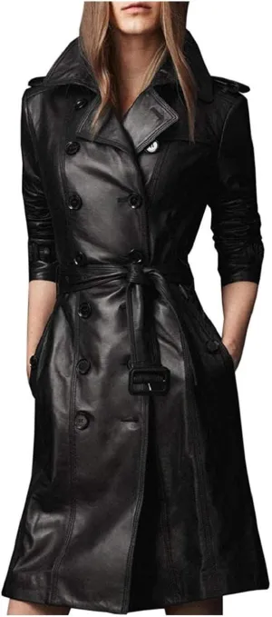 Women Designer Black Trench Leather Long Coat with Belt Trench Coat Slim Fit Style for Ladies