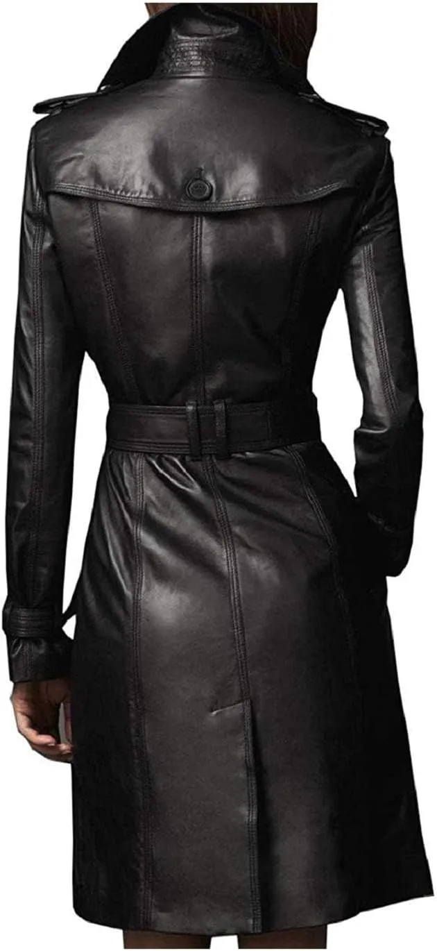 Women Designer Black Trench Leather Long Coat with Belt Trench Coat Slim Fit Style for Ladies