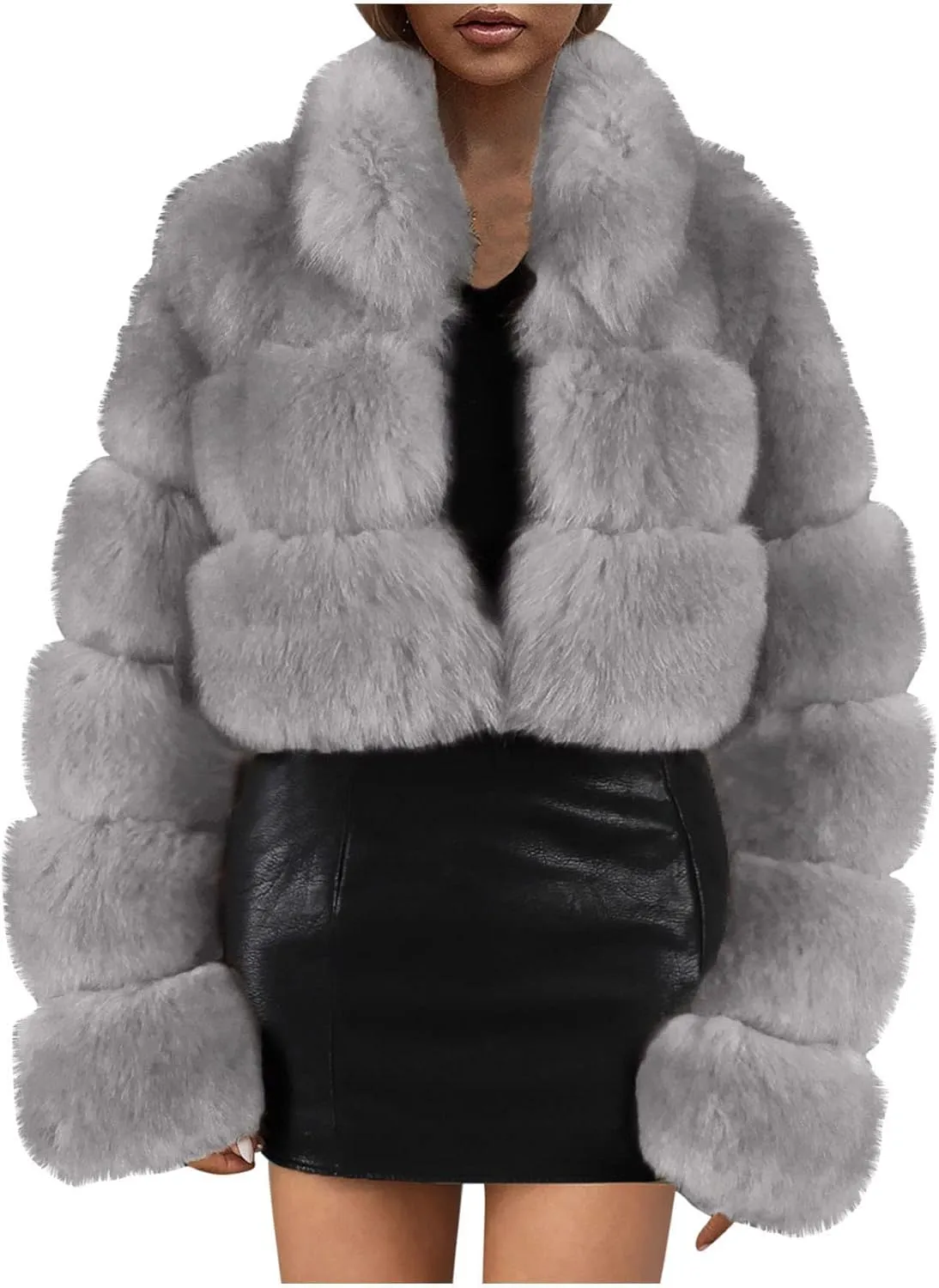 Women Faux Fur Coats Luxury Winter Warm Fluffy Short Jackets Open Front Crop Tops Solid Color Shaggy Outwear