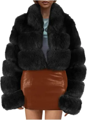 Women Faux Fur Coats Luxury Winter Warm Fluffy Short Jackets Open Front Crop Tops Solid Color Shaggy Outwear