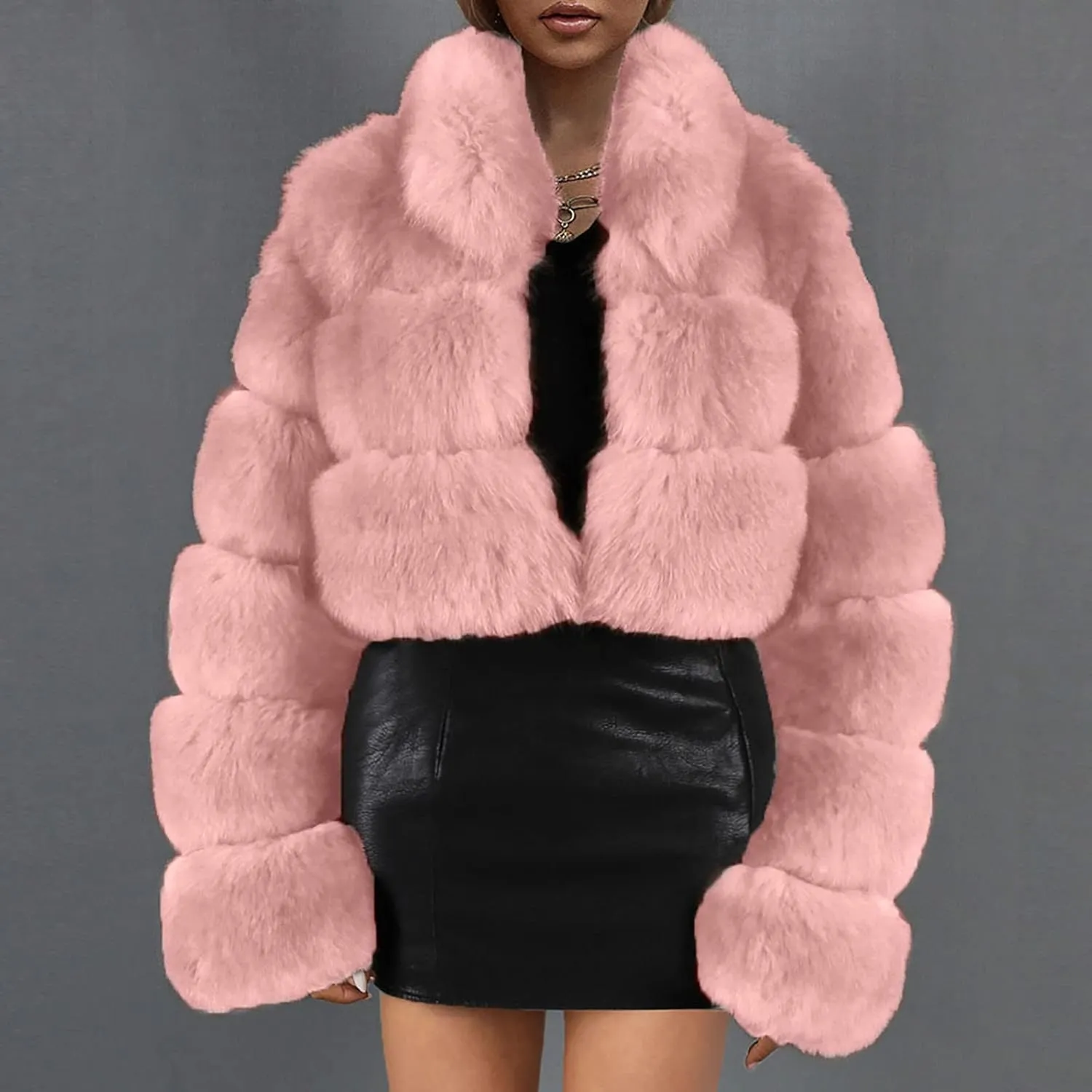 Women Faux Fur Coats Luxury Winter Warm Fluffy Short Jackets Open Front Crop Tops Solid Color Shaggy Outwear