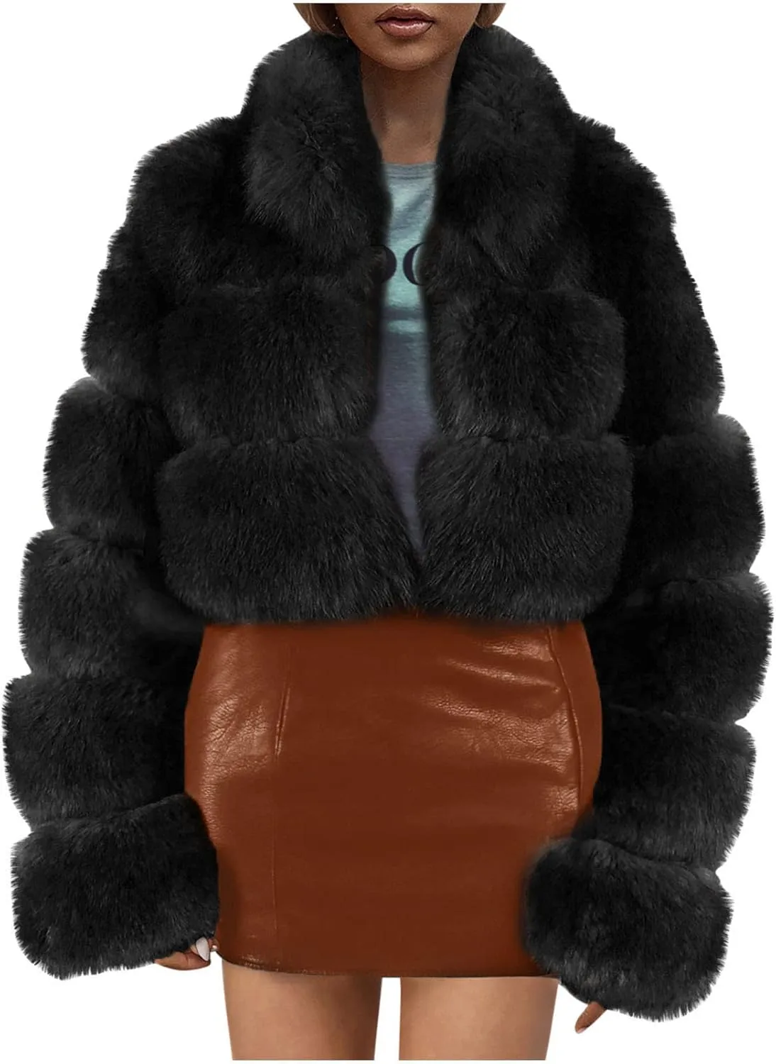 Women Faux Fur Coats Luxury Winter Warm Fluffy Short Jackets Open Front Crop Tops Solid Color Shaggy Outwear