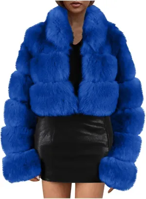 Women Faux Fur Coats Luxury Winter Warm Fluffy Short Jackets Open Front Crop Tops Solid Color Shaggy Outwear