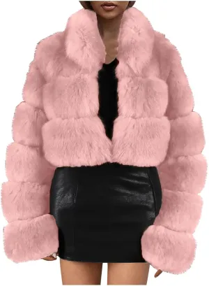Women Faux Fur Coats Luxury Winter Warm Fluffy Short Jackets Open Front Crop Tops Solid Color Shaggy Outwear
