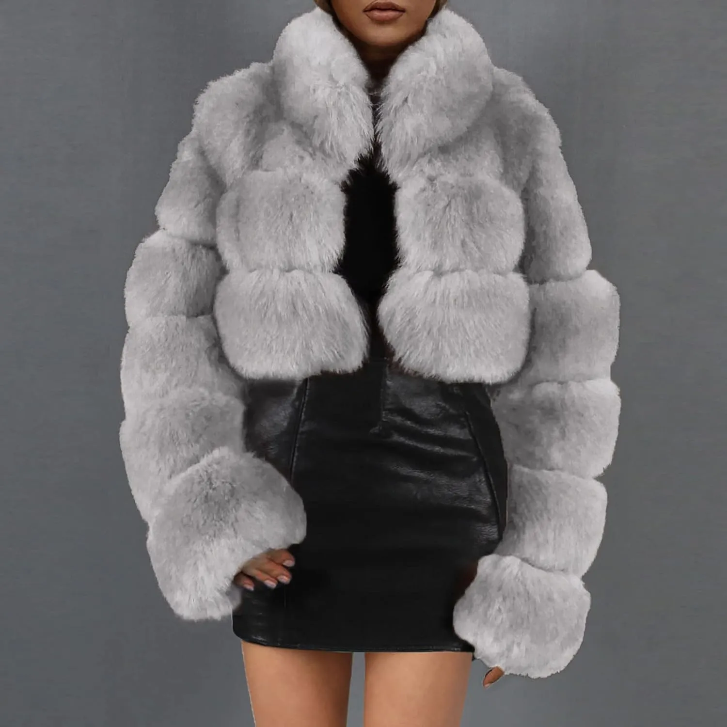 Women Faux Fur Coats Luxury Winter Warm Fluffy Short Jackets Open Front Crop Tops Solid Color Shaggy Outwear