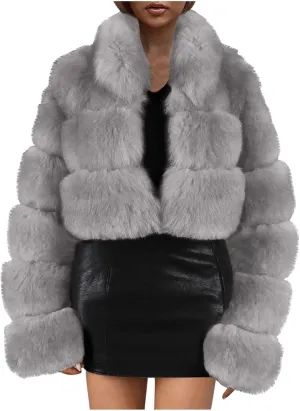 Women Faux Fur Coats Luxury Winter Warm Fluffy Short Jackets Open Front Crop Tops Solid Color Shaggy Outwear
