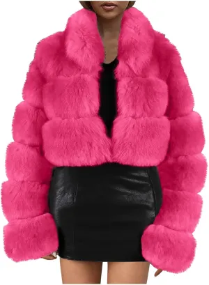 Women Faux Fur Coats Luxury Winter Warm Fluffy Short Jackets Open Front Crop Tops Solid Color Shaggy Outwear