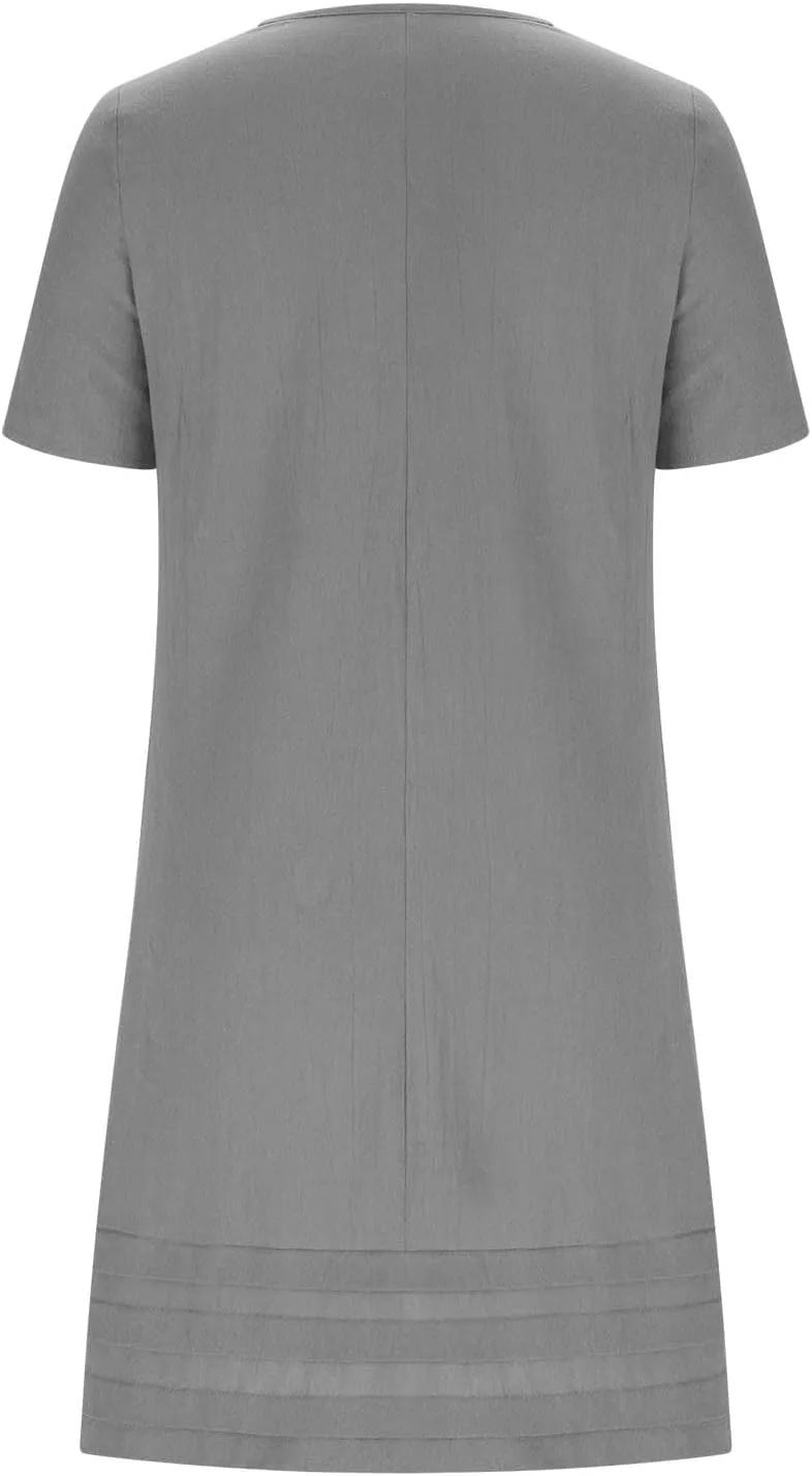 Women Pleated Hem T Shirt Dress Summer Cotton Linen Short Sleeve Crewneck A-Line Dresses Casual Beach Knee Dress