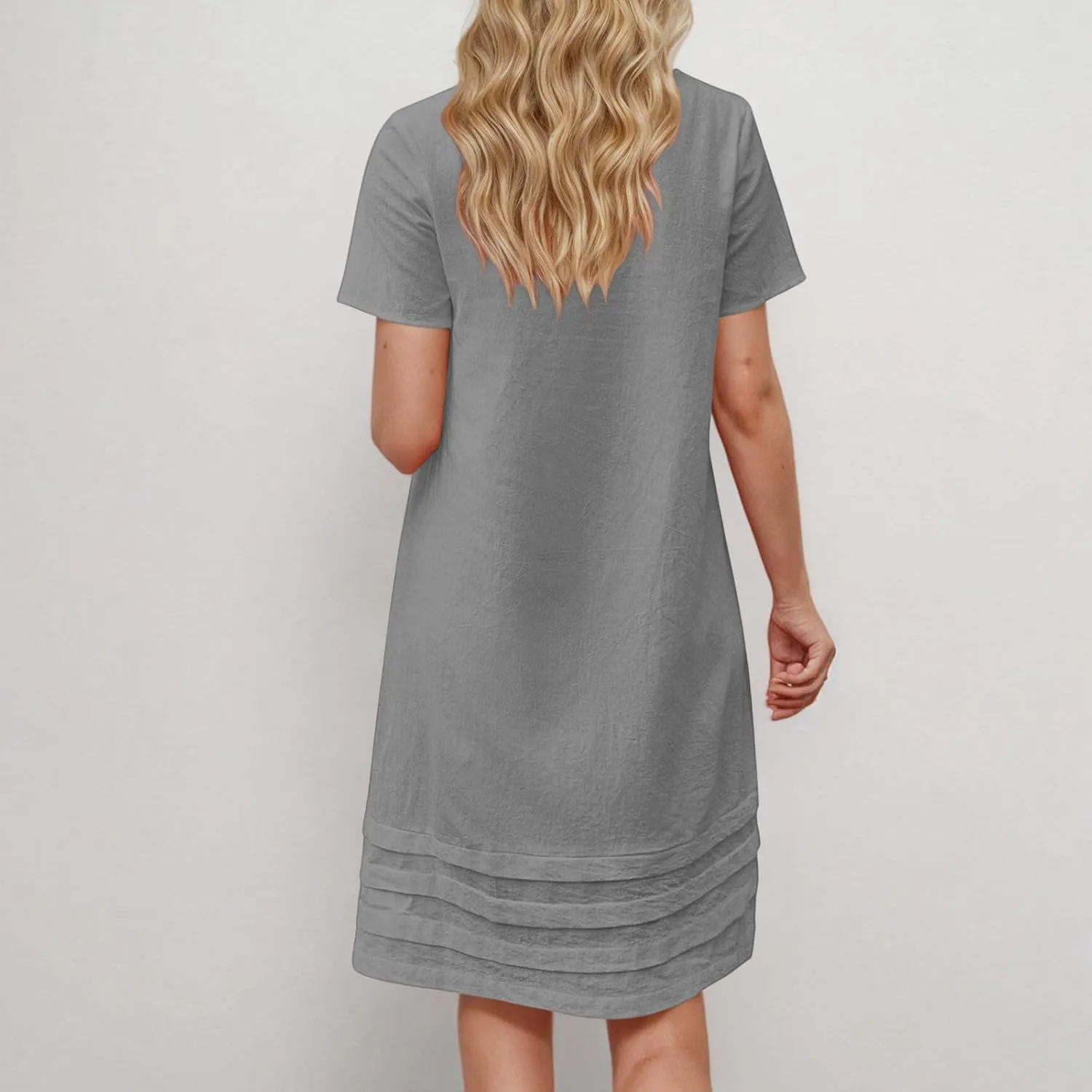 Women Pleated Hem T Shirt Dress Summer Cotton Linen Short Sleeve Crewneck A-Line Dresses Casual Beach Knee Dress