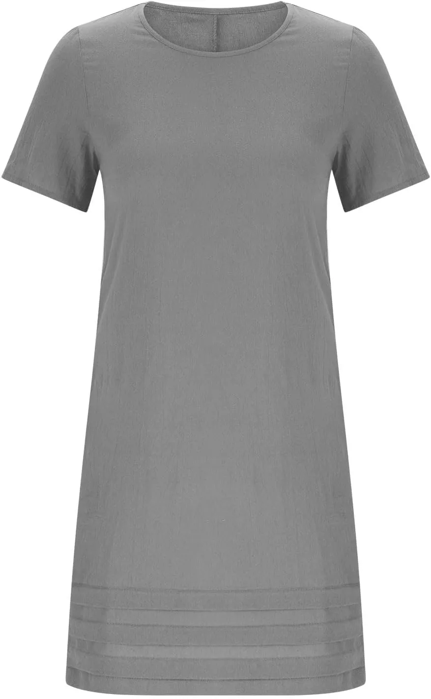 Women Pleated Hem T Shirt Dress Summer Cotton Linen Short Sleeve Crewneck A-Line Dresses Casual Beach Knee Dress