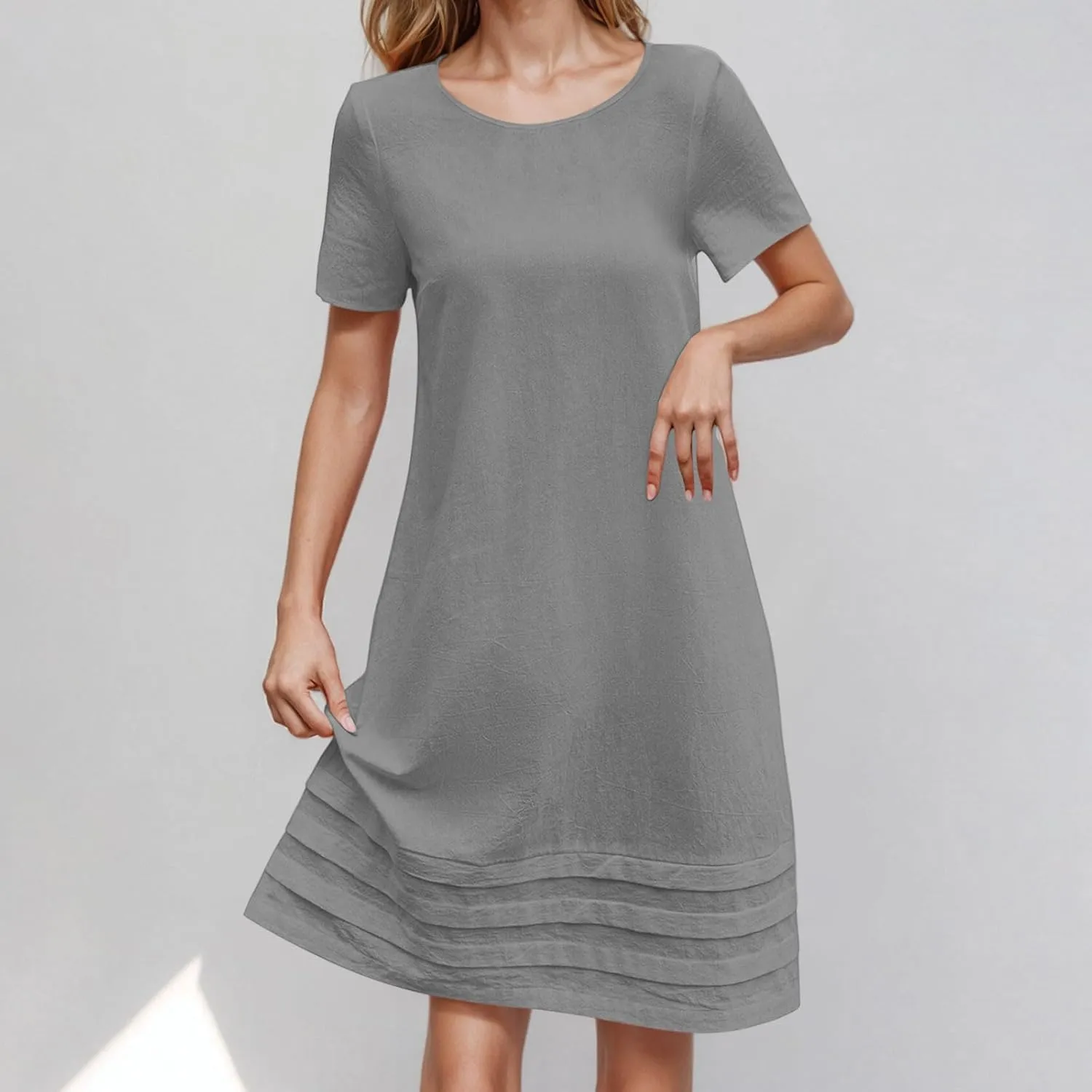 Women Pleated Hem T Shirt Dress Summer Cotton Linen Short Sleeve Crewneck A-Line Dresses Casual Beach Knee Dress