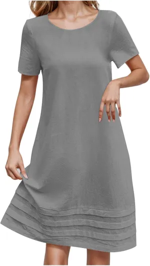Women Pleated Hem T Shirt Dress Summer Cotton Linen Short Sleeve Crewneck A-Line Dresses Casual Beach Knee Dress