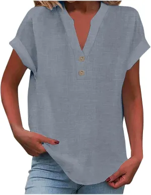 Women Short Sleeve Cotton Linen Shirt Casual V-Neck Oversized T Shirt Button Down Collar Loose Summer Tee Top