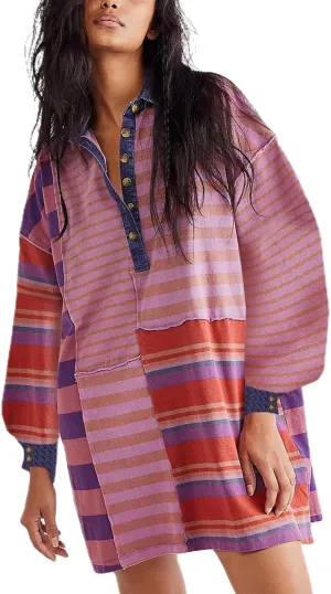 Women Sweatshirt Dress Y2k Striped Pullover Tops Colorblock Hoodie Dresses Button Oversized Sweatshirts Fall Fashion