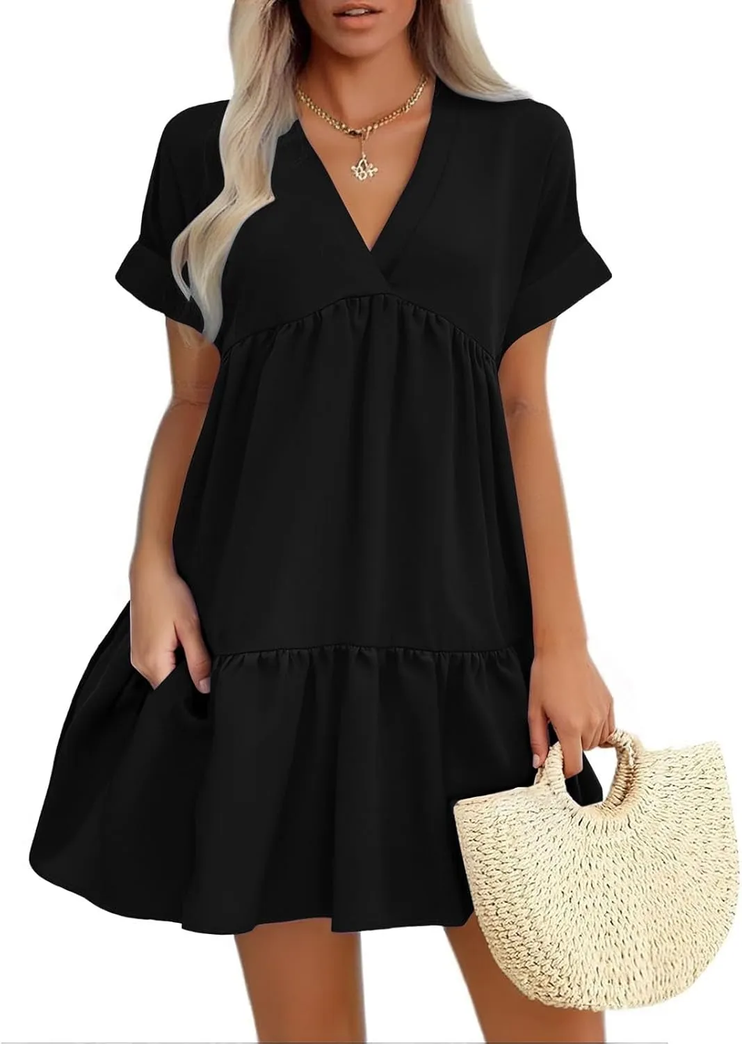 Women V Neck Babydoll Dresses 2025 Summer Short Rolled Sleeve Ruffle Swing Shift Flowy Loose Casual Summer Mini Dress