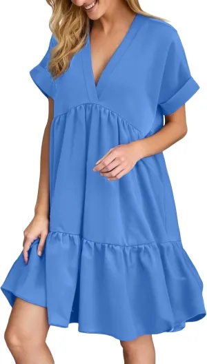 Women V Neck Babydoll Dresses 2025 Summer Short Rolled Sleeve Ruffle Swing Shift Flowy Loose Casual Summer Mini Dress