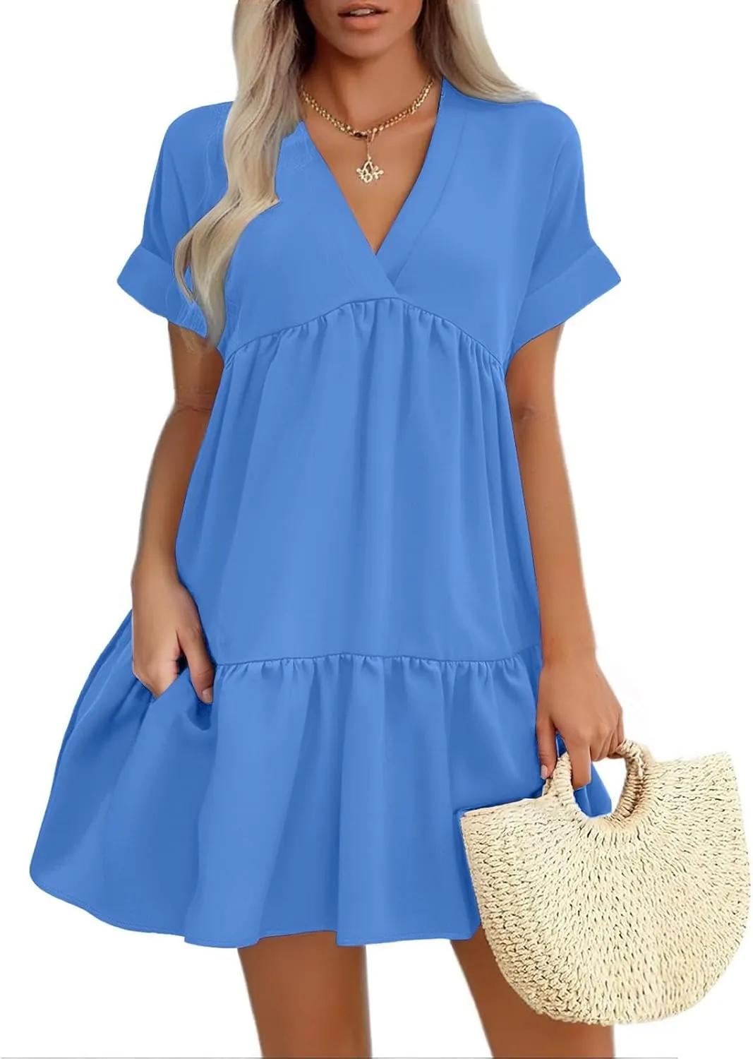 Women V Neck Babydoll Dresses 2025 Summer Short Rolled Sleeve Ruffle Swing Shift Flowy Loose Casual Summer Mini Dress