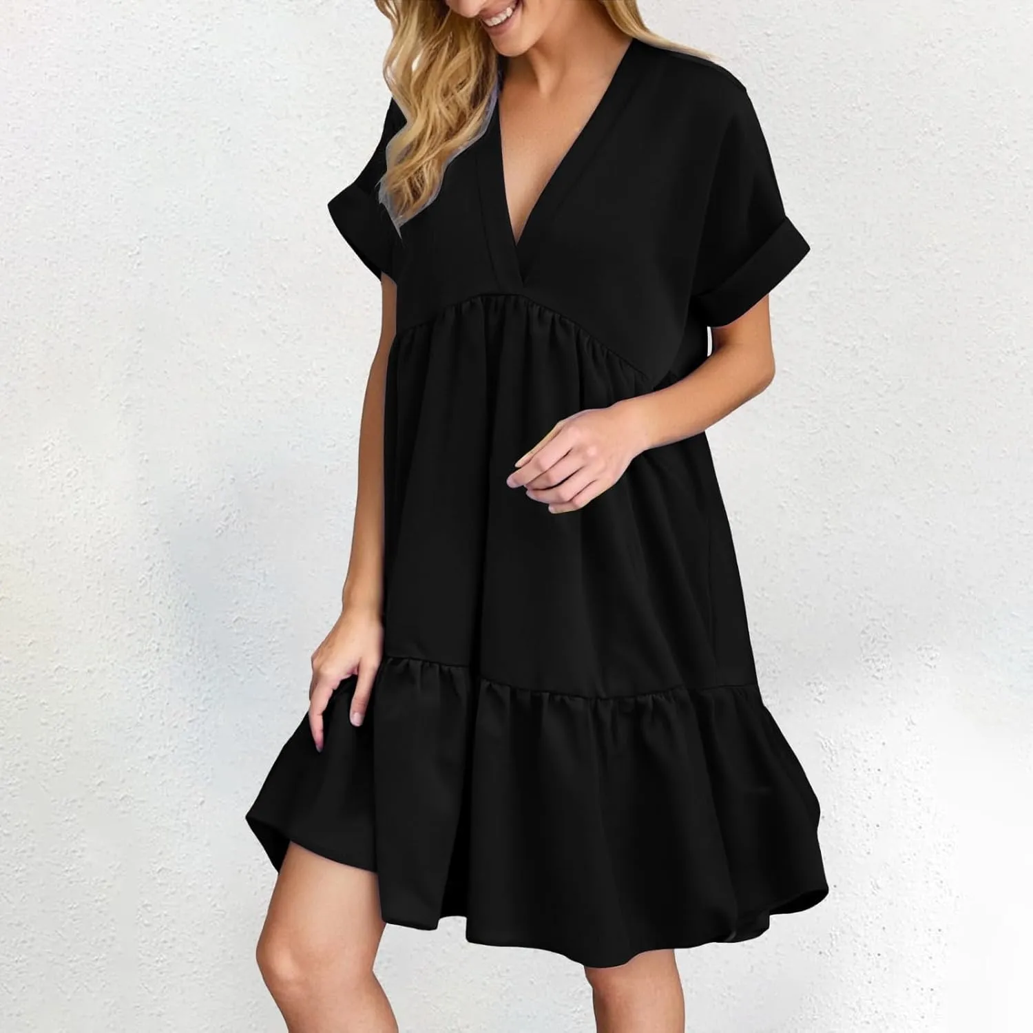 Women V Neck Babydoll Dresses 2025 Summer Short Rolled Sleeve Ruffle Swing Shift Flowy Loose Casual Summer Mini Dress
