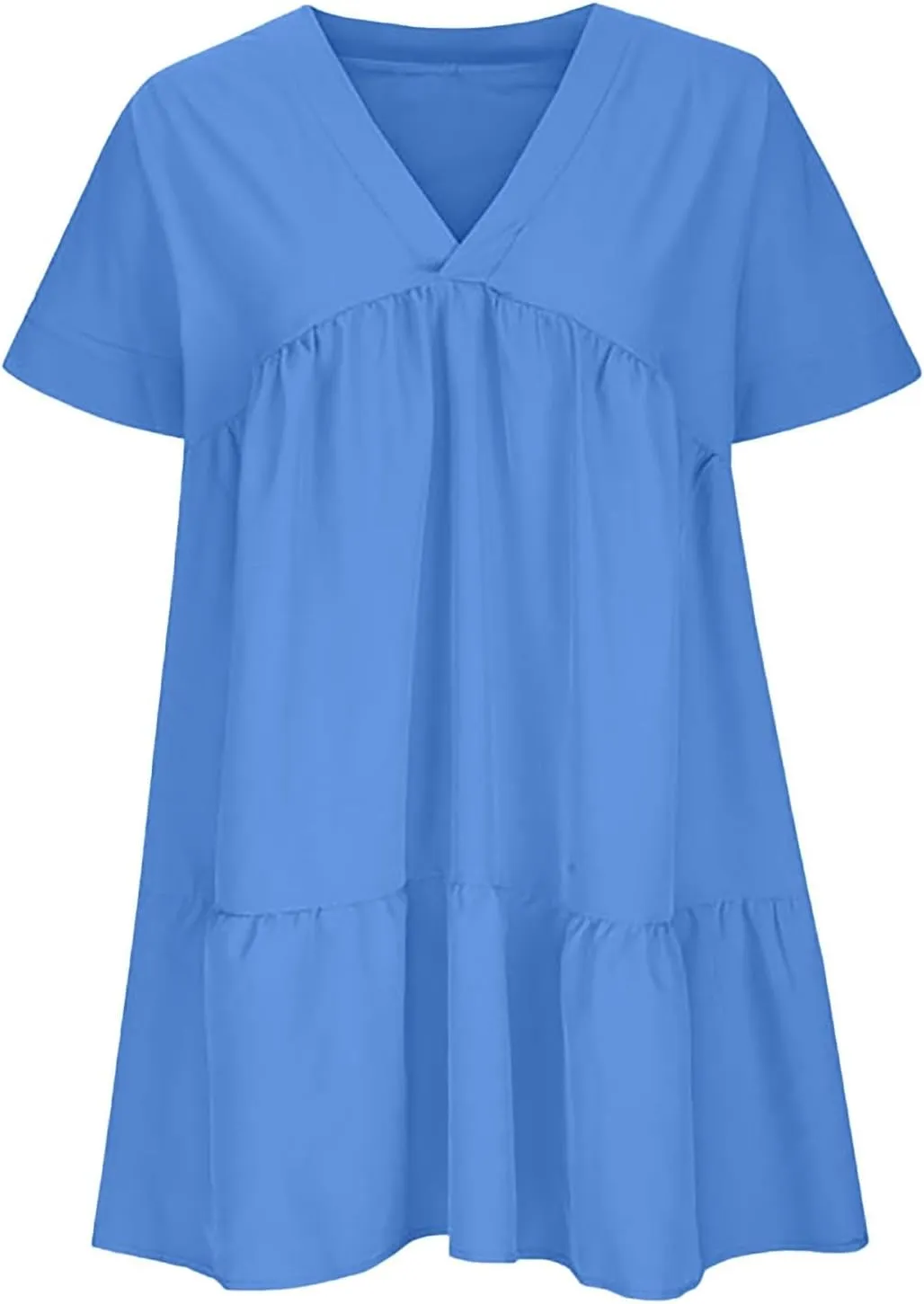 Women V Neck Babydoll Dresses 2025 Summer Short Rolled Sleeve Ruffle Swing Shift Flowy Loose Casual Summer Mini Dress