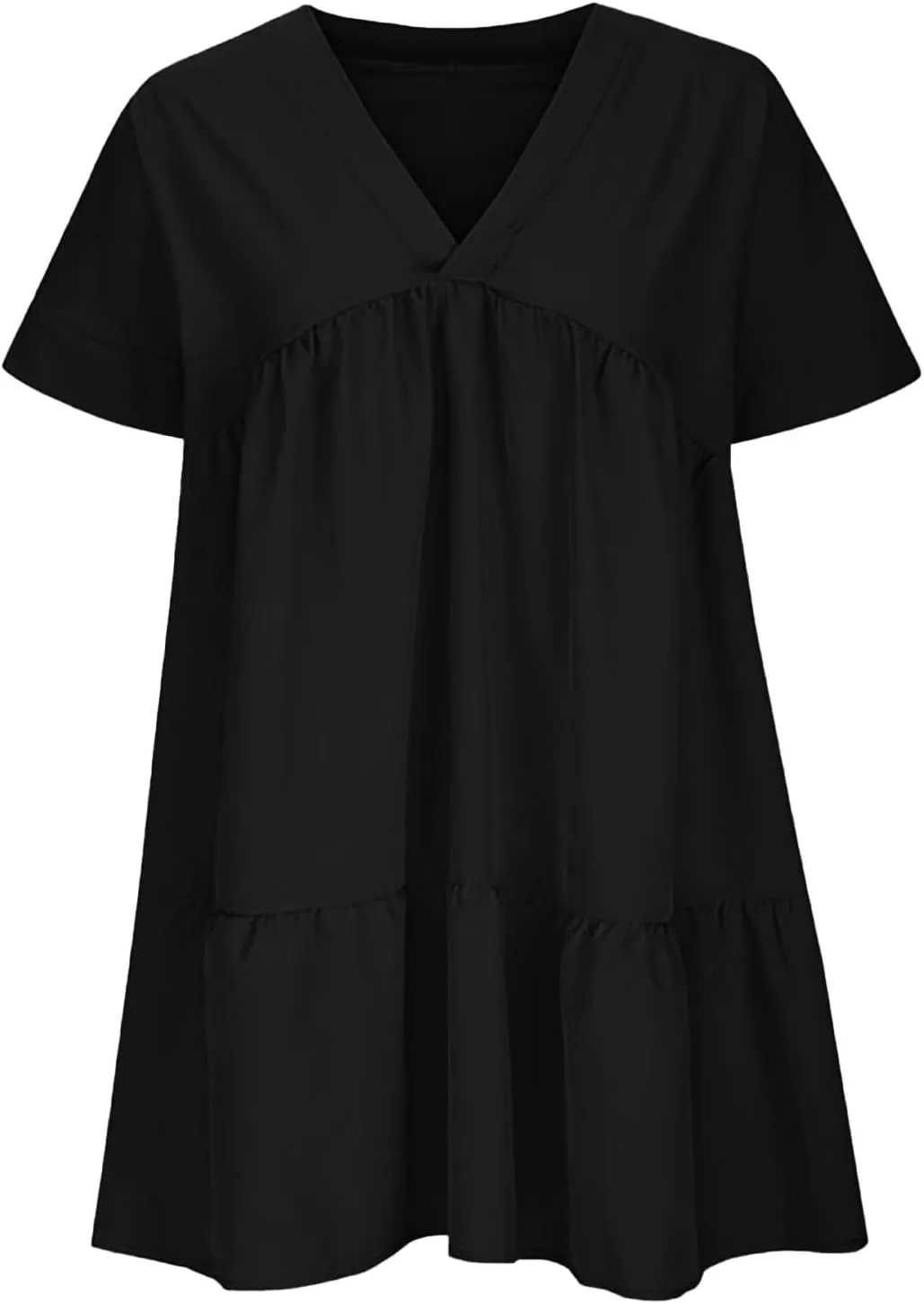 Women V Neck Babydoll Dresses 2025 Summer Short Rolled Sleeve Ruffle Swing Shift Flowy Loose Casual Summer Mini Dress