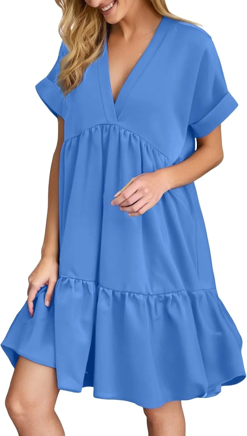 Women V Neck Babydoll Dresses 2025 Summer Short Rolled Sleeve Ruffle Swing Shift Flowy Loose Casual Summer Mini Dress
