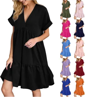 Women V Neck Babydoll Dresses 2025 Summer Short Rolled Sleeve Ruffle Swing Shift Flowy Loose Casual Summer Mini Dress