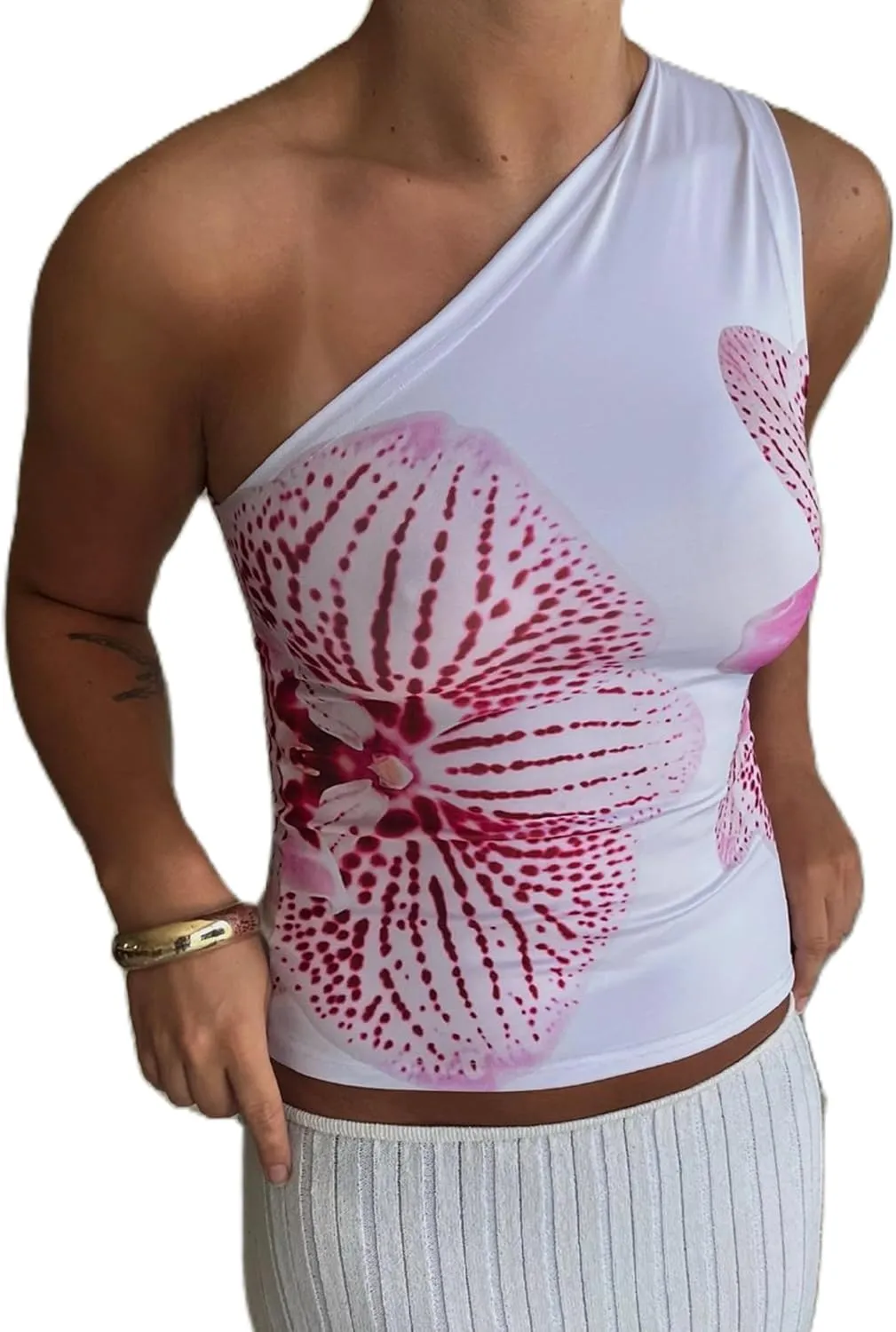 Women Y2k One Shoulder Tank Top Backless Flower Print Crop Camisole Sleeveless Floral Vintage Graphic Tee Streetwear