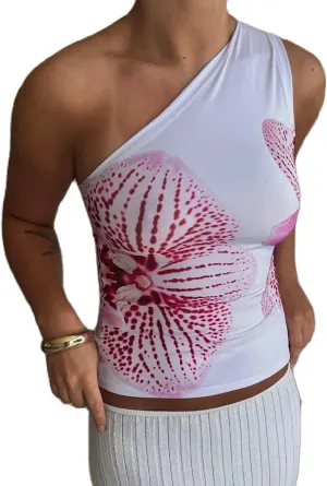 Women Y2k One Shoulder Tank Top Backless Flower Print Crop Camisole Sleeveless Floral Vintage Graphic Tee Streetwear