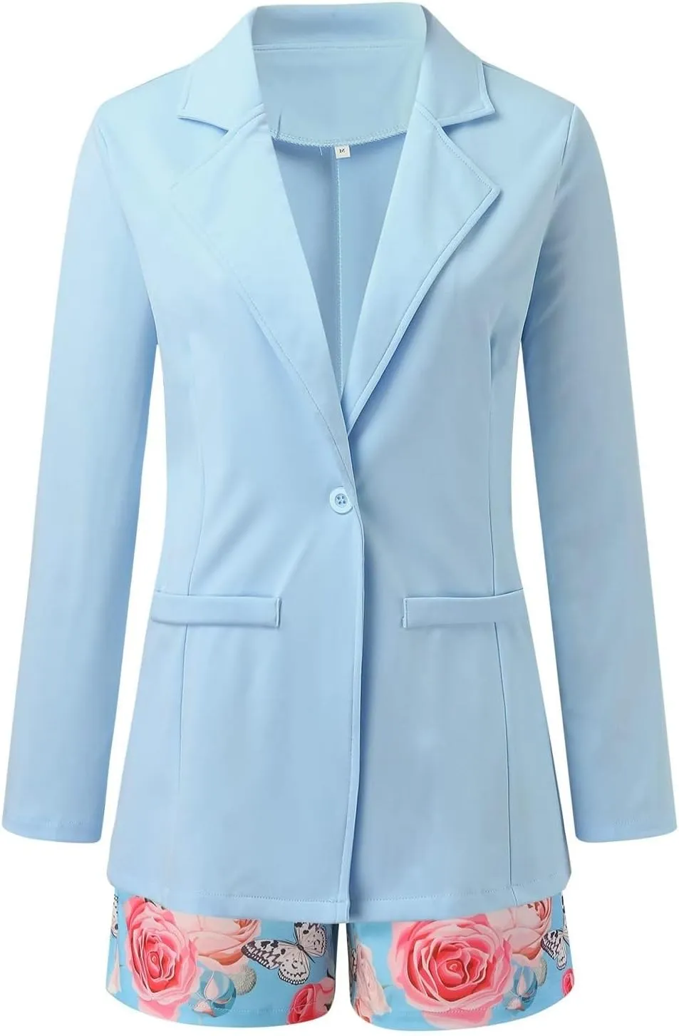 Women's 2 Piece Outfit Long Sleeve Open Front Blazer Jacket with Floral Print Belted Shorts Set Casual Office Suit Set