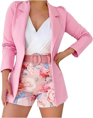 Women's 2 Piece Outfit Long Sleeve Open Front Blazer Jacket with Floral Print Belted Shorts Set Casual Office Suit Set