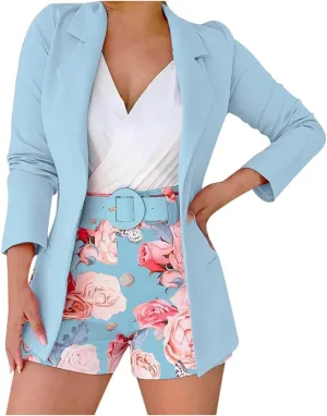 Women's 2 Piece Outfit Long Sleeve Open Front Blazer Jacket with Floral Print Belted Shorts Set Casual Office Suit Set