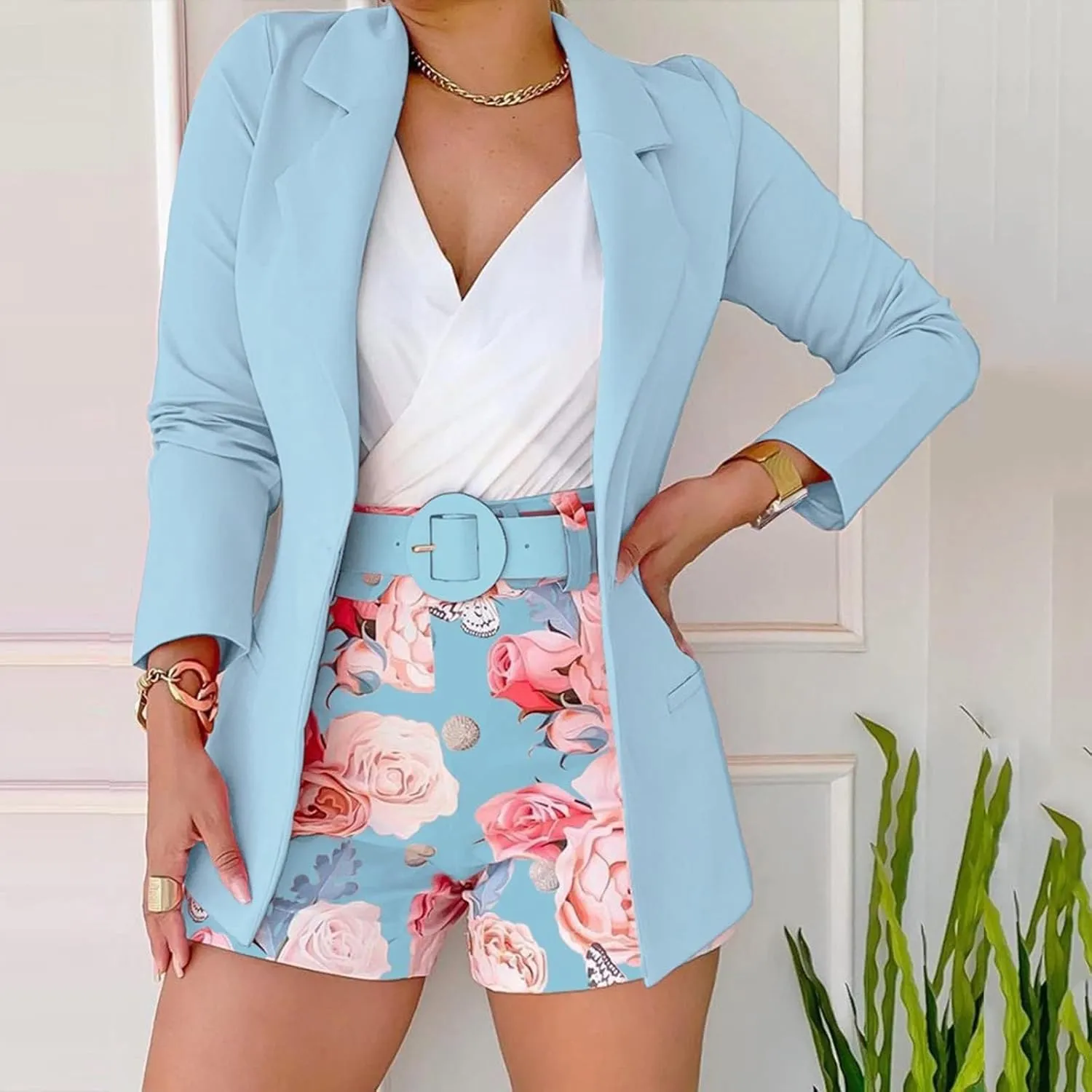 Women's 2 Piece Outfit Long Sleeve Open Front Blazer Jacket with Floral Print Belted Shorts Set Casual Office Suit Set