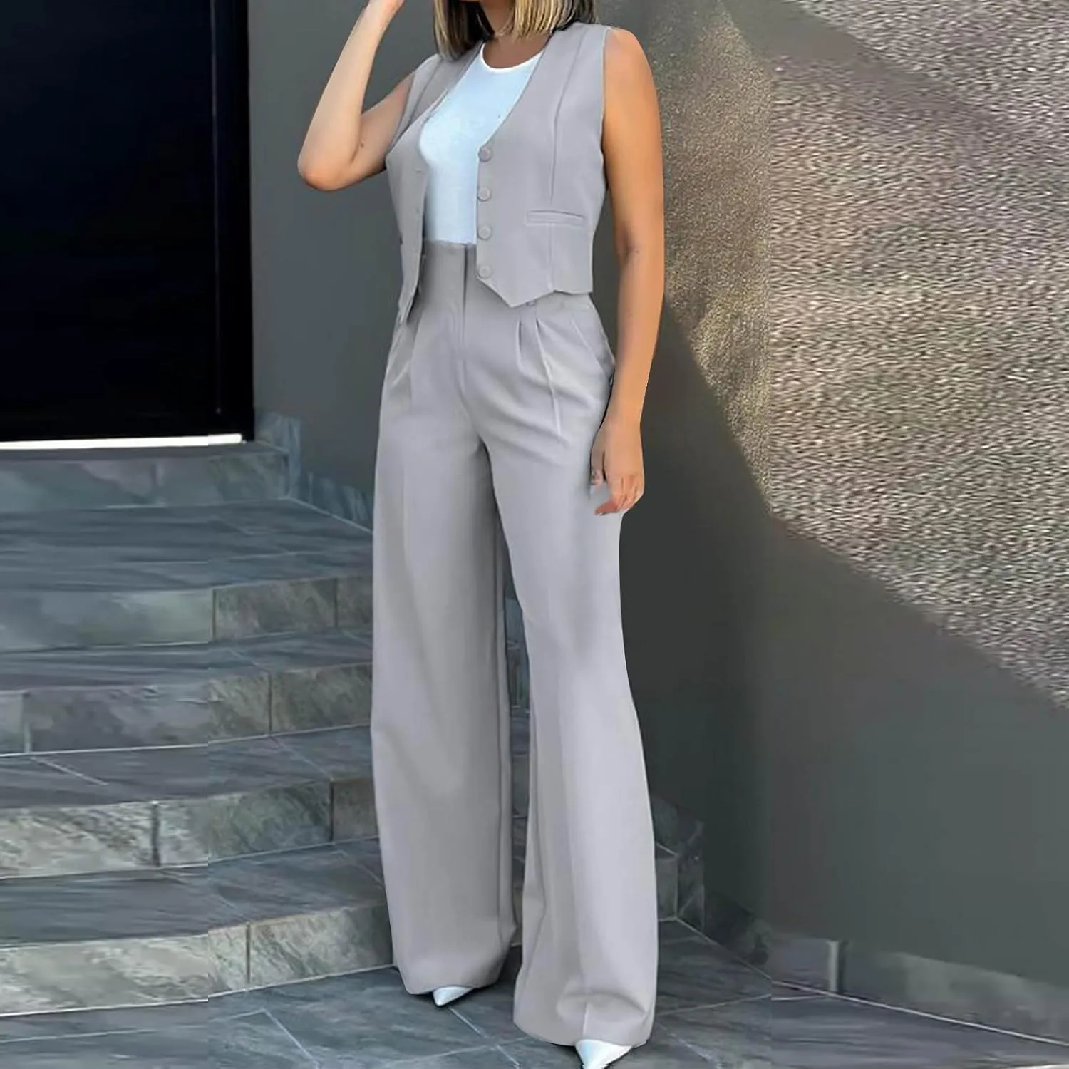 Womens 2 Piece Suit Outfits Button Waistcoat Vest Jacket and High Waist Wide Leg Pants Sleeveless V Neck Blazer Sets