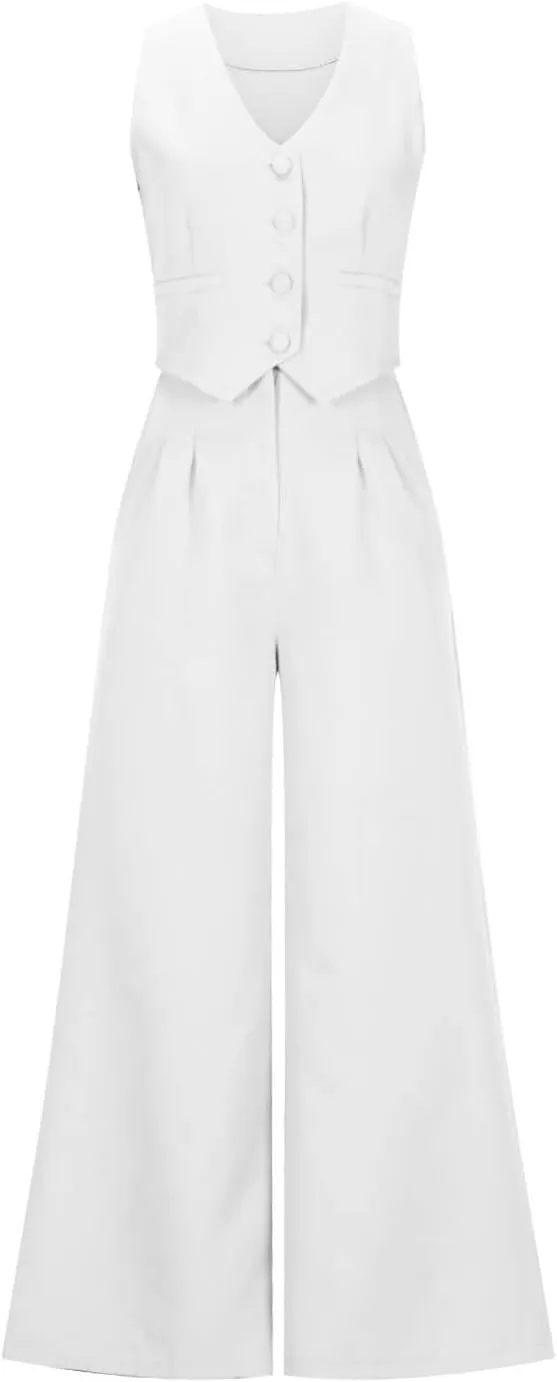 Womens 2 Piece Suit Outfits Button Waistcoat Vest Jacket and High Waist Wide Leg Pants Sleeveless V Neck Blazer Sets