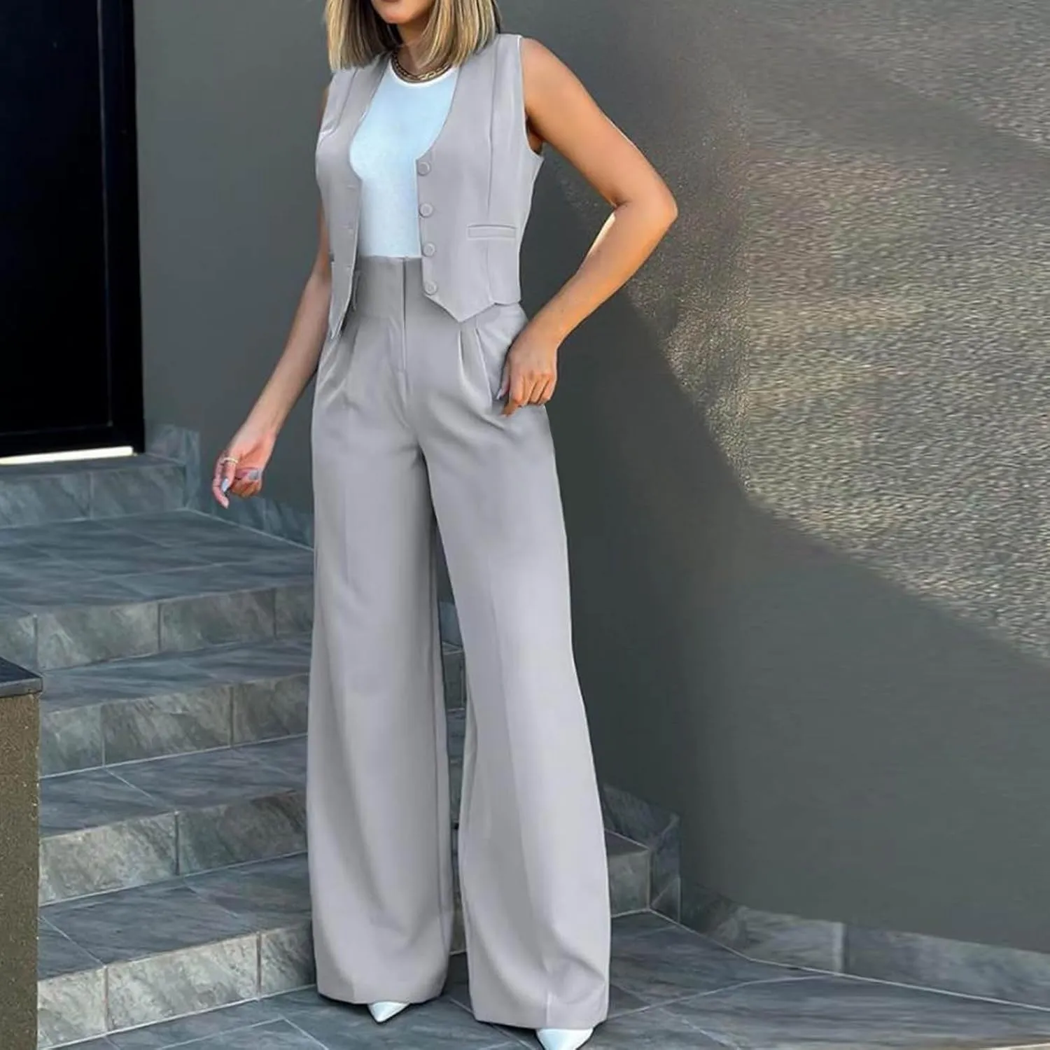 Womens 2 Piece Suit Outfits Button Waistcoat Vest Jacket and High Waist Wide Leg Pants Sleeveless V Neck Blazer Sets