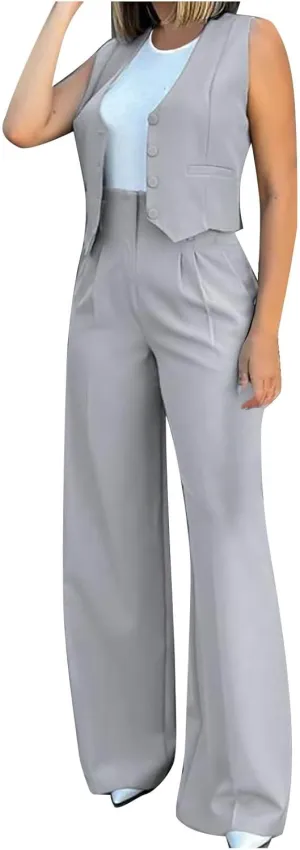 Womens 2 Piece Suit Outfits Button Waistcoat Vest Jacket and High Waist Wide Leg Pants Sleeveless V Neck Blazer Sets
