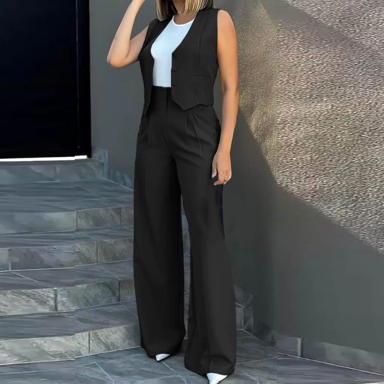 Womens 2 Piece Suit Outfits Button Waistcoat Vest Jacket and High Waist Wide Leg Pants Sleeveless V Neck Blazer Sets