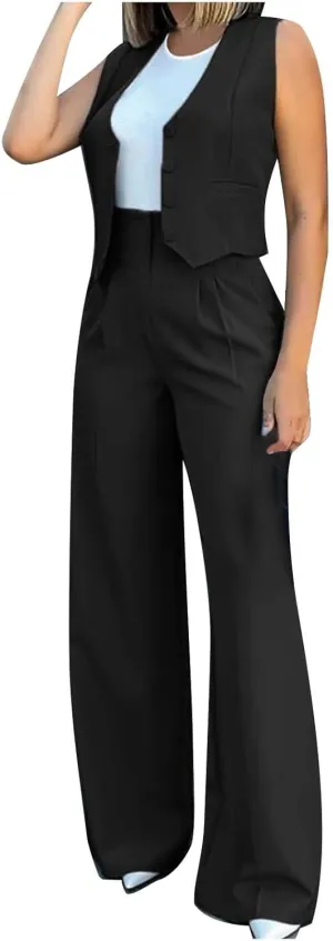 Womens 2 Piece Suit Outfits Button Waistcoat Vest Jacket and High Waist Wide Leg Pants Sleeveless V Neck Blazer Sets