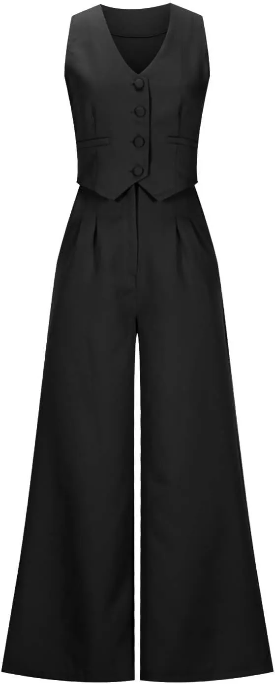 Womens 2 Piece Suit Outfits Button Waistcoat Vest Jacket and High Waist Wide Leg Pants Sleeveless V Neck Blazer Sets