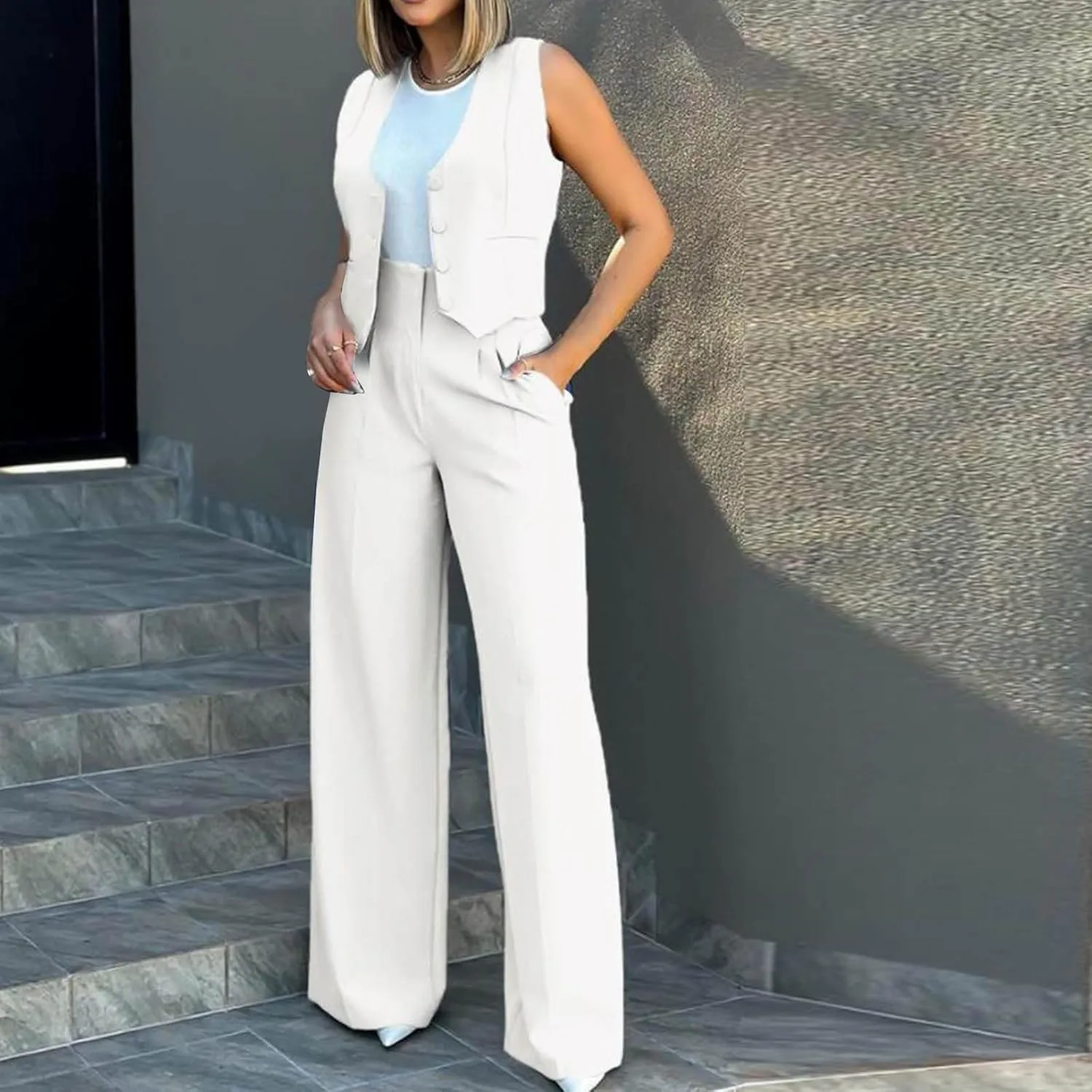 Womens 2 Piece Suit Outfits Button Waistcoat Vest Jacket and High Waist Wide Leg Pants Sleeveless V Neck Blazer Sets