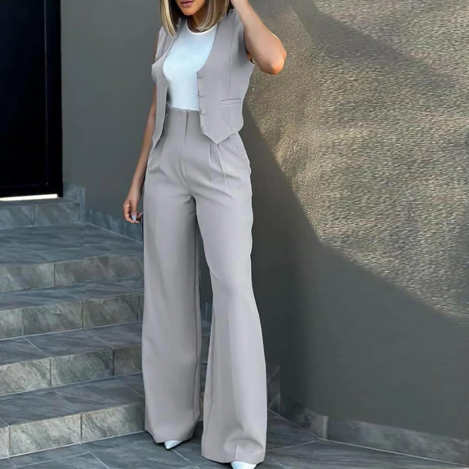 Womens 2 Piece Suit Outfits Button Waistcoat Vest Jacket and High Waist Wide Leg Pants Sleeveless V Neck Blazer Sets