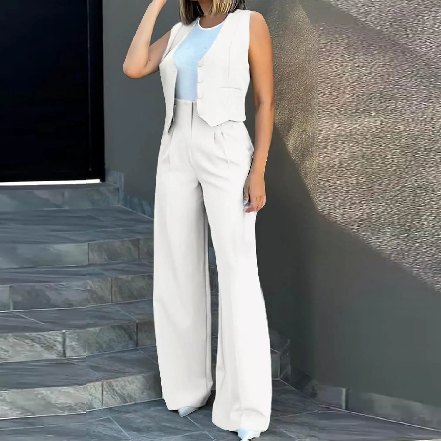 Womens 2 Piece Suit Outfits Button Waistcoat Vest Jacket and High Waist Wide Leg Pants Sleeveless V Neck Blazer Sets