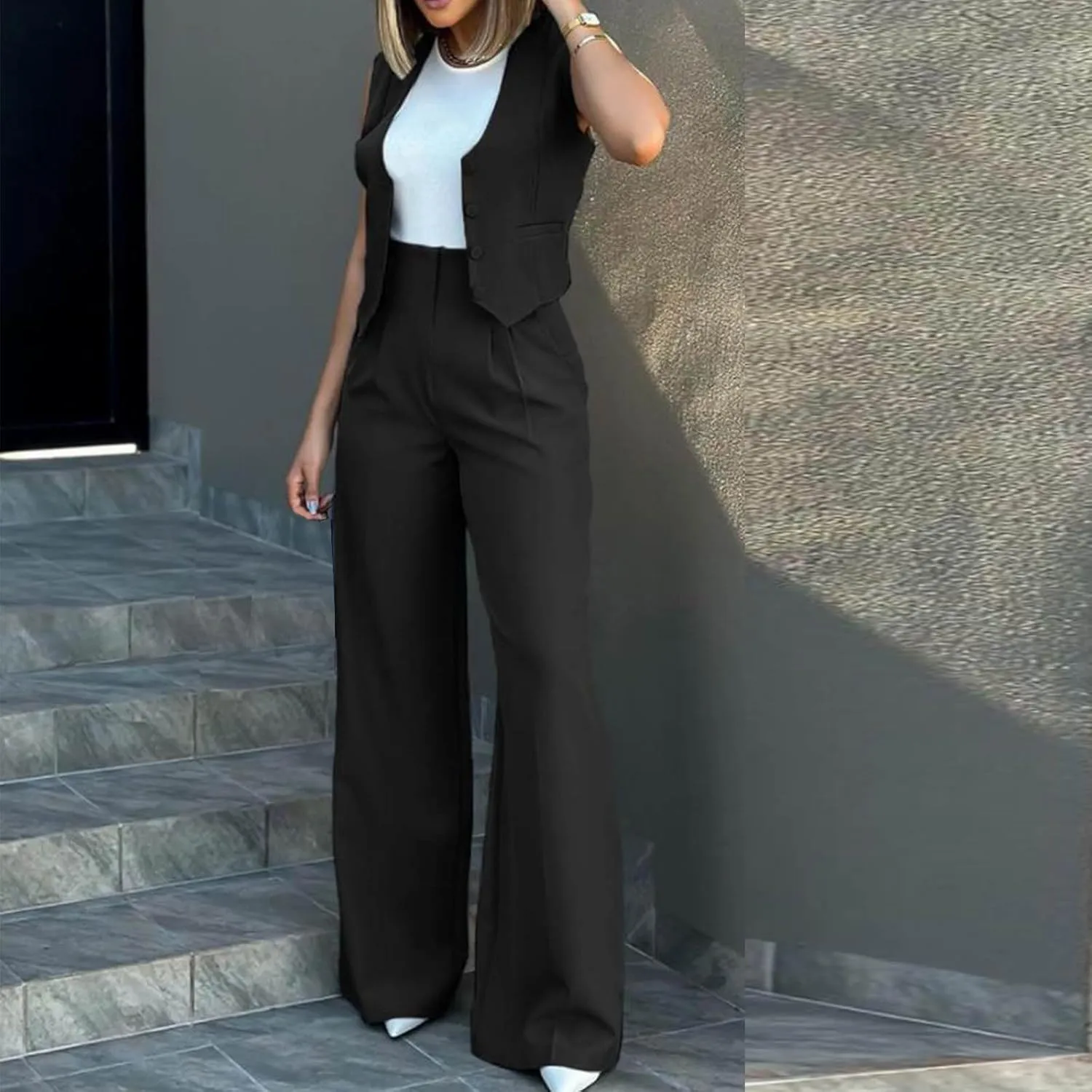 Womens 2 Piece Suit Outfits Button Waistcoat Vest Jacket and High Waist Wide Leg Pants Sleeveless V Neck Blazer Sets