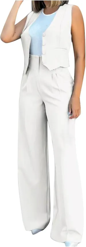 Womens 2 Piece Suit Outfits Button Waistcoat Vest Jacket and High Waist Wide Leg Pants Sleeveless V Neck Blazer Sets