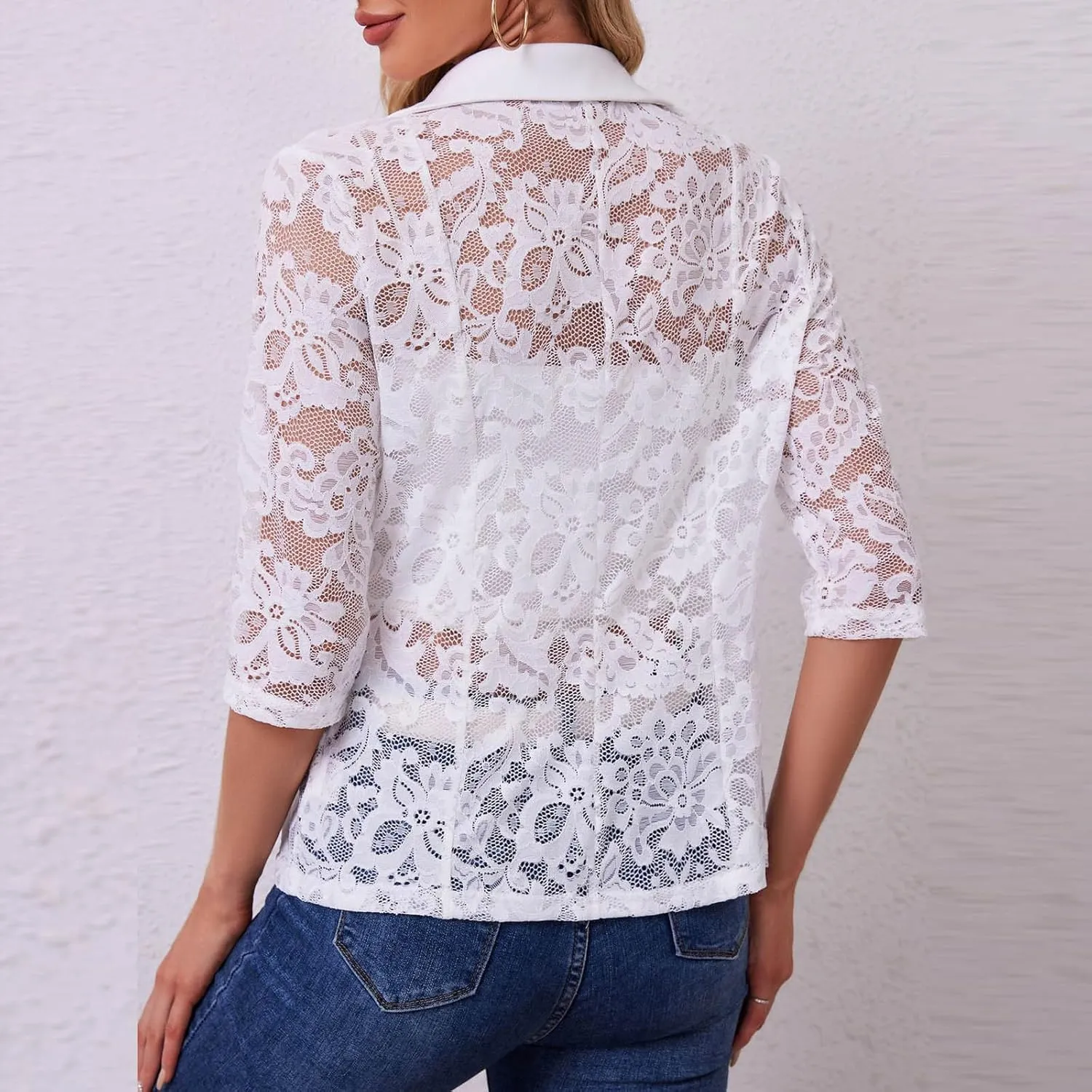 Women's 3/4 Sleeve Lace Bolero Shrugs Sheer Mesh Open Front Cardigan Notch Lapel One Button Blazer Jacket